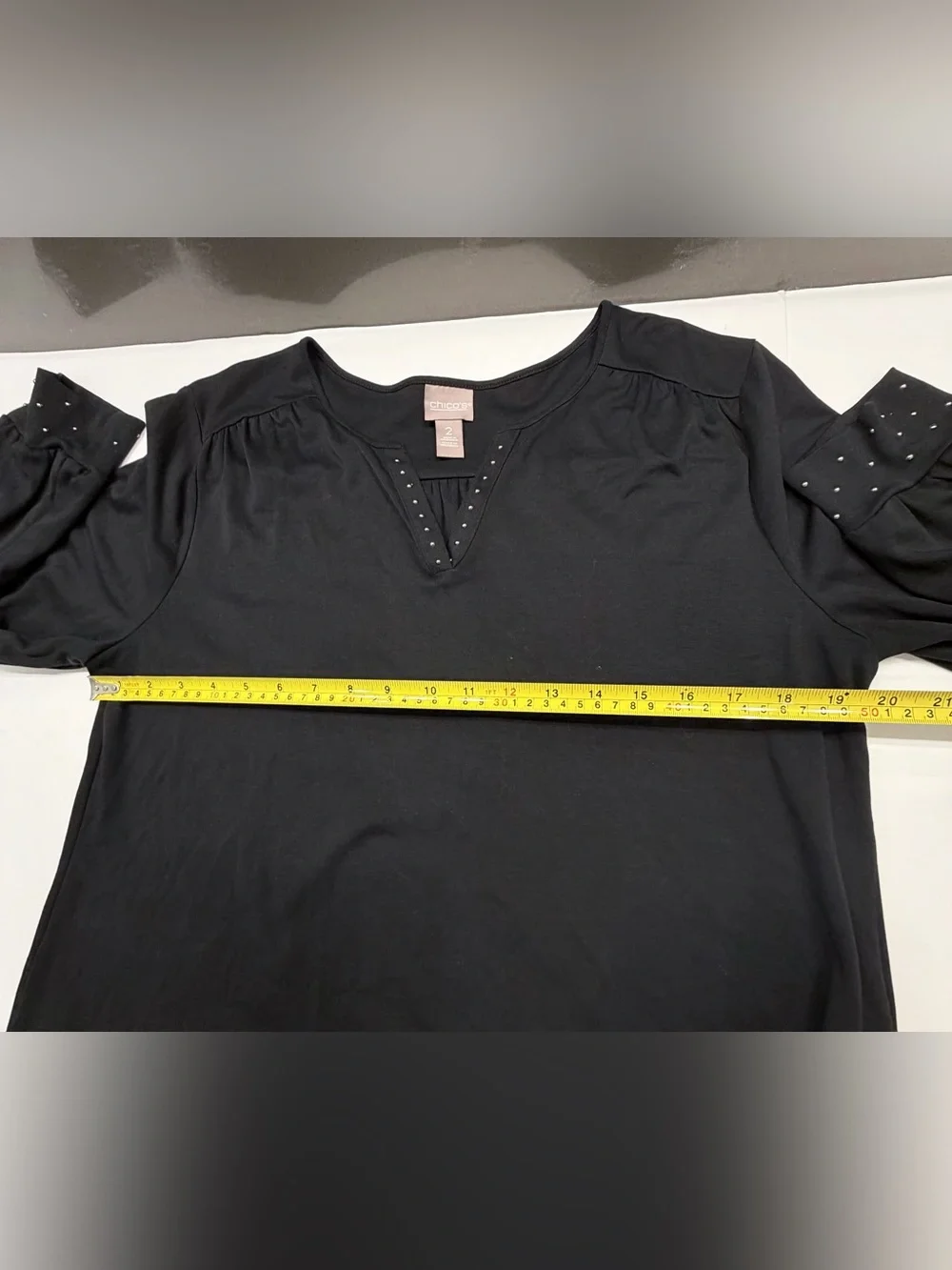 Chico’s Black Studded Split Neck Top Sz 2/L
